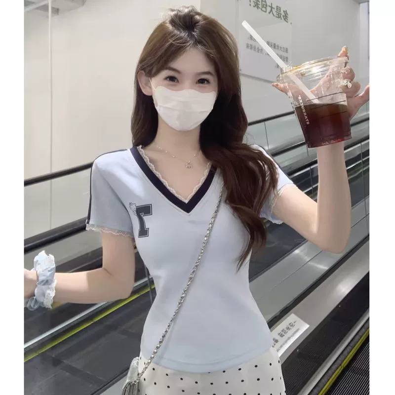 [1*1 вискоза 260 г] футболка с v-образным вырезом и короткими рукавами, женская летняя сексуальная кружевная футболка, сексуальный топ