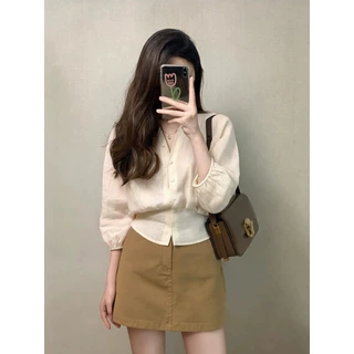 小个子杏色v领衬衫女款秋季2026新款通勤穿搭收腰显瘦泡泡袖上衣
