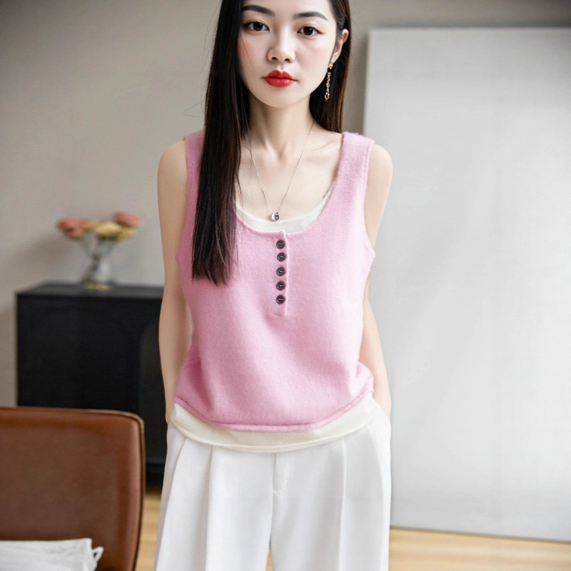 Fake Two-Piece Contrasting Color U-Neck Sleeveless Camisole Women's Autumn and Winter Pure Wool Pullover Knitted Bottoming Top