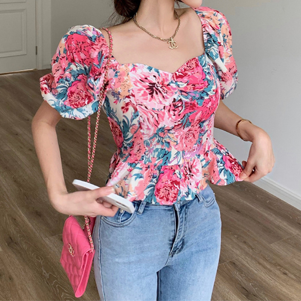 Backless Puff Sleeves One-Shoulder Lace-Up Floral Top NSJR113951