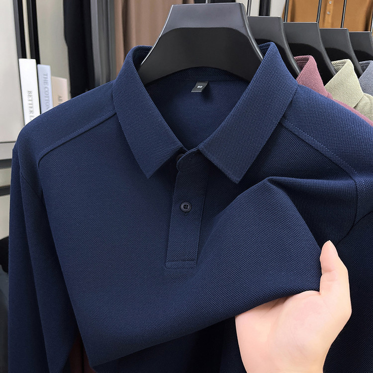 Autumn and Winter New Long-Sleeved Cotton Lapel Loose Pure Color Polo Shirt for Young and Middle-Aged Men's Casual Bottoming Shirt Splicing Top