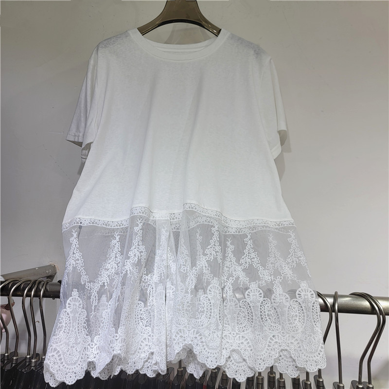 Diseño de encaje de costura camiseta de mangas cortas mujeres 2026 primavera y verano moda suelta delgada cuello redondo blusa casual universal image 2