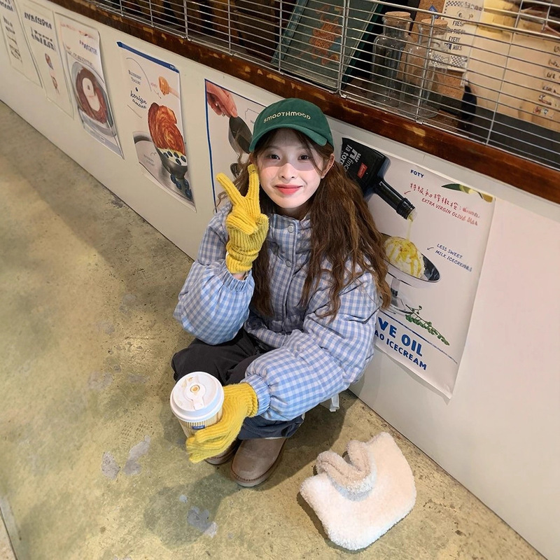 Cute Blue Plaid Hooded Cotton Jacket for Women 2025 New Thickeneded Bread Jacket Sweet Plaid Winter Cotton Jacket