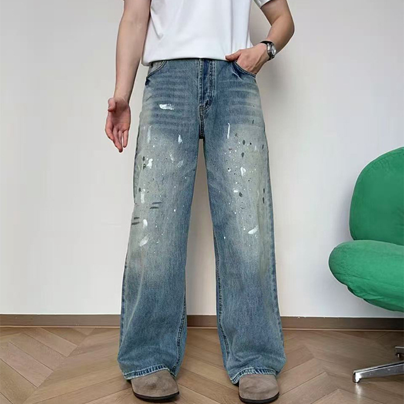 衫少服饰薄款泼墨水洗牛仔裤男美式宽松直筒休闲阔腿裤子|undefined