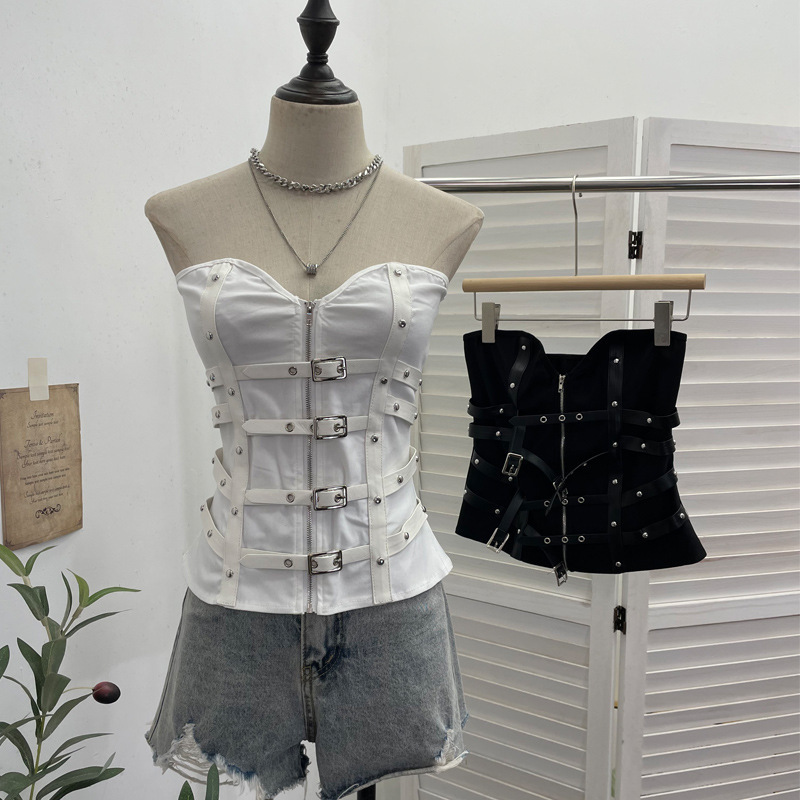 Real Gothic Style Stitching pu Leather Buckle Zipper Cardigan Strapless Short Slim-fit Vest Sleeveless Top Women's 1199