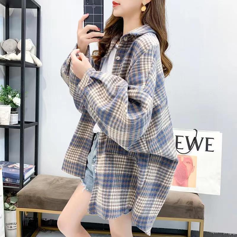 毛呢外套格子衬衫女2025秋冬新款韩版复古港味宽松加厚磨毛衬衣女|undefined