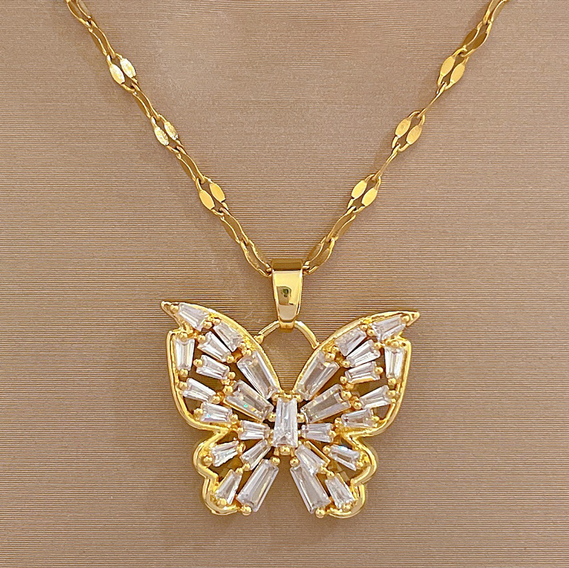 Stainless Steel Copper Elegant Inlay Butterfly Zircon Pendant Necklace display picture 5