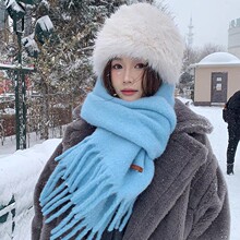 韩版纯色马海毛毛绒围巾女冬保暖加厚氛围感温柔蓝色学生新款围脖