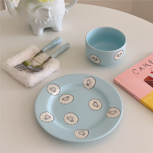 Cute Cartoon Blue Lamb Ceramic Bowl Dessert Bowl Girly Heart Salad Bowl Home Ceramic Plate Set Tableware
