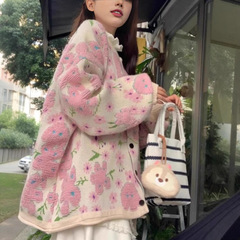 植毛花ピンクセーターカーディガン