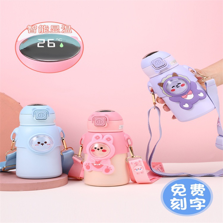 Nuevo 316 de acero inoxidable para niños Pantalla de temperatura inteligente taza tapa ventosa lindo dibujos animados portátil rebote paja taza de agua