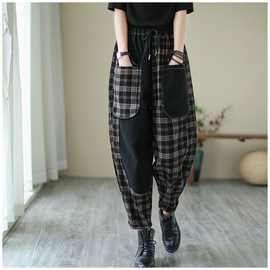 时尚个性大口袋格子拼接牛仔裤女2025秋冬新款宽松大码显瘦哈伦裤