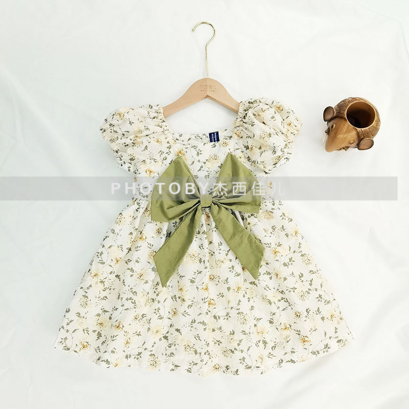 Ins falda de muñeca de verano coreana niña bebé lazo manga abullonada vestido de princesa vestido de cuello cuadrado floral