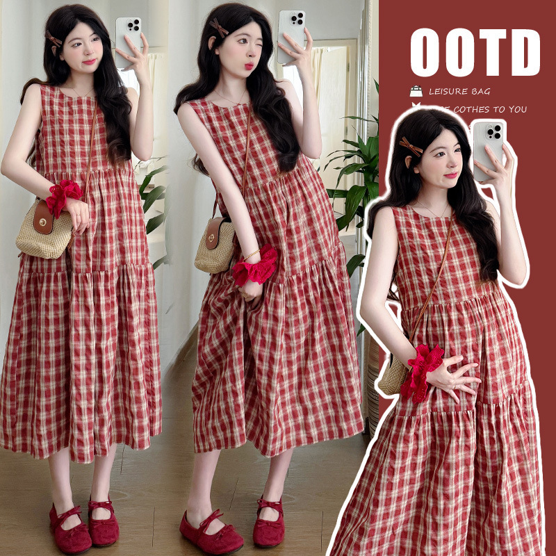 Maternity 2025 Summer New Korean Fashion Loose Round Neck Simple Western Style Cute Plaid Pregnant Women dress