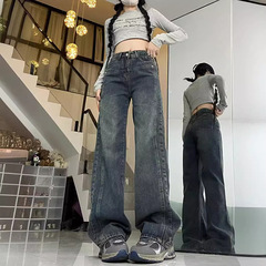 2024春と秋のデザイン感ジーンズの女性のゆるいストレートサイズの高腰は梨の形の体型のズボンを示している