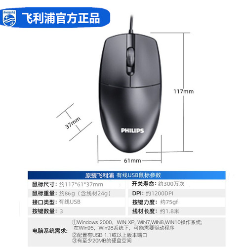 Philips 7247 Long Cord Mouse Wired Desktop All-in-One Office Home Computer Laptop Universal