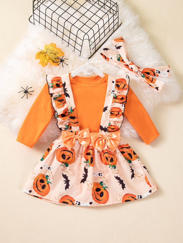 女の赤ちゃんハロウィンスカートスーツベビー長袖三角ハーレムフリルカボチャプリントサスペンダースカートパーティー服|undefined