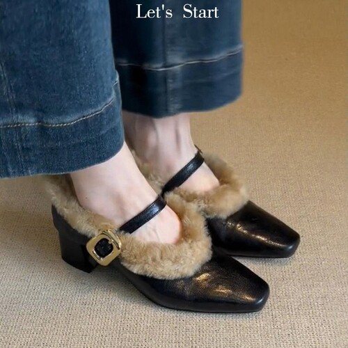 Autumn/Winter New Single Strap Women's Insole Height Genuine Leather Loafers & High Heels with Fleece Lined Small Leather Shoes for Women