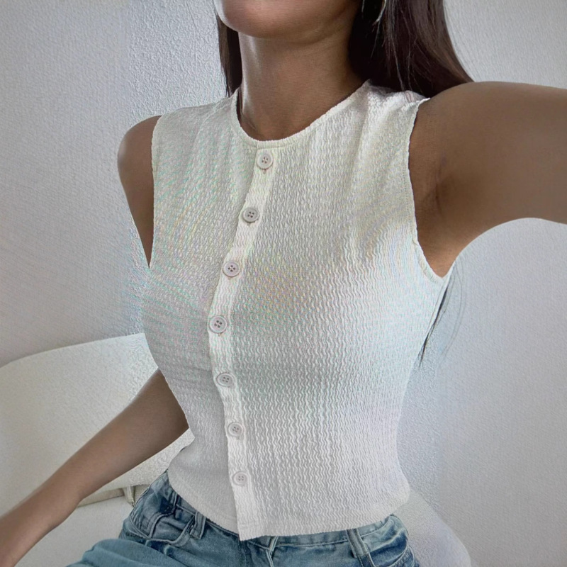 2025 Cross-Border New European and American Women's Casual Solid Color Textured Button Sleeveless Vest