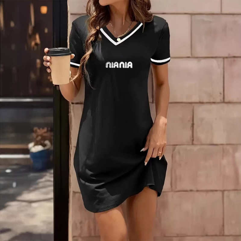 European and American Foreign Trade Women's Summer Elegant Black V-Neck Casual Short-Sleeve Letter Print Dress Q31 Print European and American Foreign Trade Women's Summer Elegant Black V-Neck Casual Short-Sleeve Letter Print Dress Q31 Print