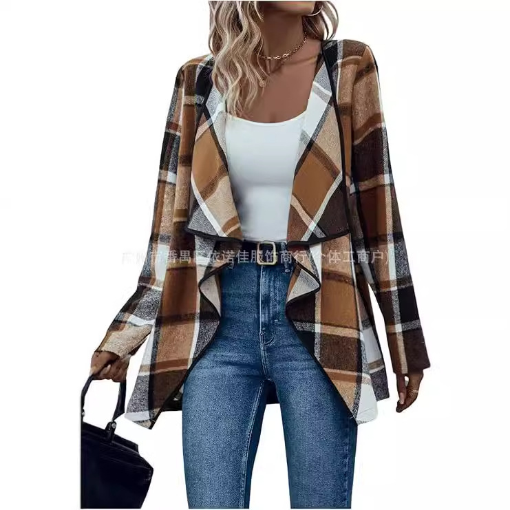 Cross-border European and American Amazon 2024 New Autumn and Winter Women's Plaid Front Waterfall Long Sleeve Collar Jacket Cardigan Jacket
