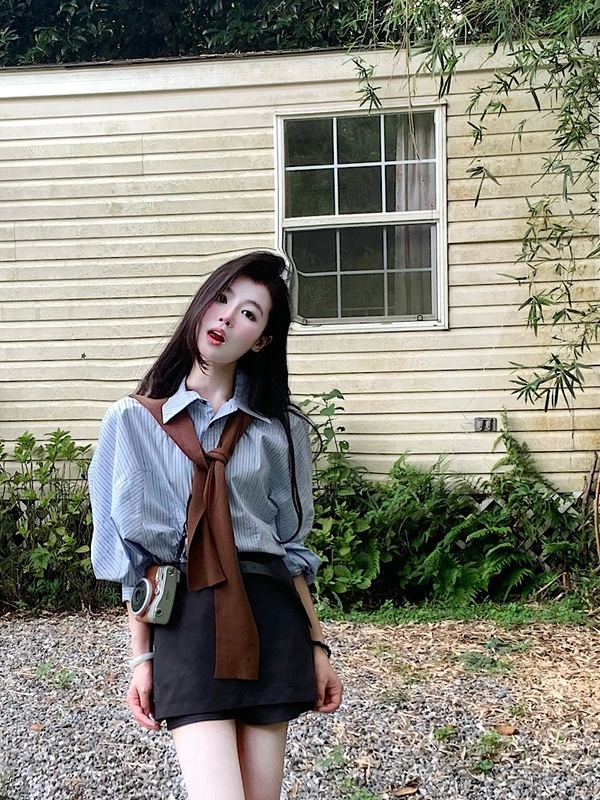韩系高级感条纹翻领长袖衬衫包臀半身裙女2025秋季新款时尚套装潮|undefined