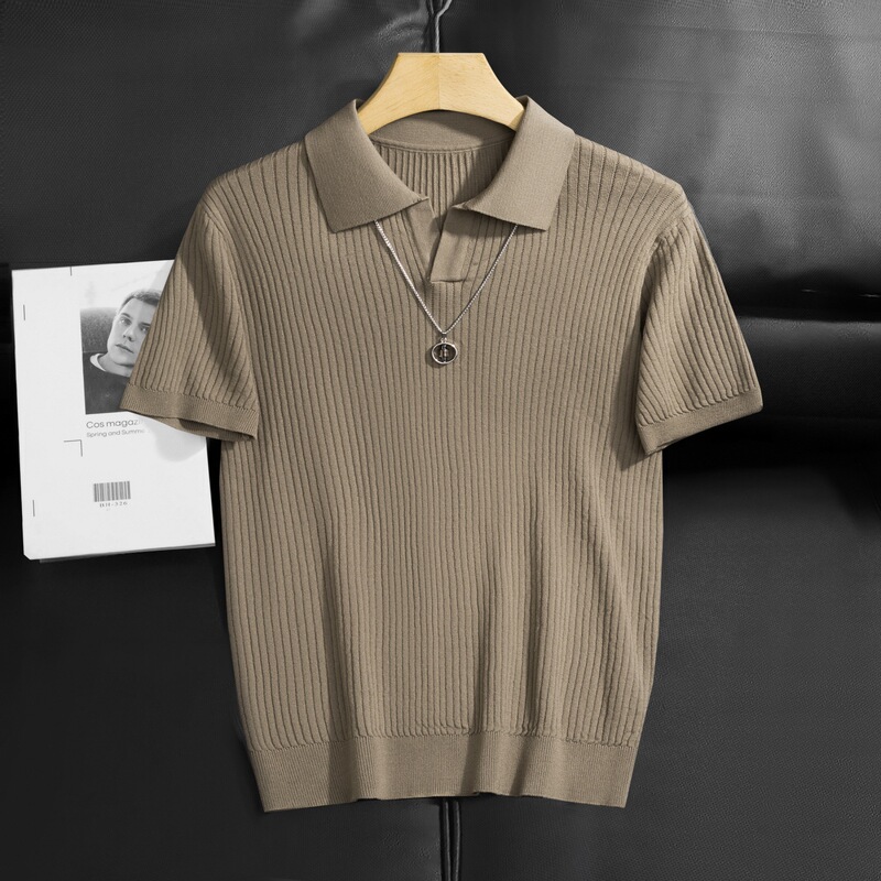 Amazon's High-End Trendy Brand Short-Sleeved Knitwear Men's Slim-Fitting and Stylish Polo Shirt Trendy Solid Color Lapel Short-Sleeved Shirt