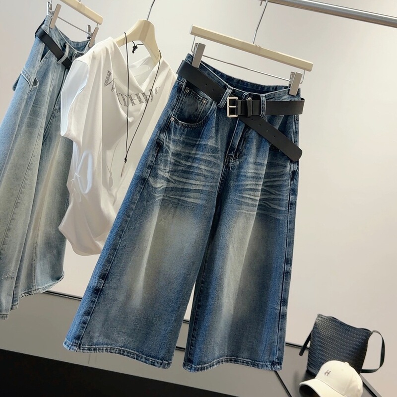 American Retro Washed Vintage-Style Cropped Jeans for Women, Summer Loose Fit, Slimming, Versatile High-Waisted Wide-Leg Pants with Belt
