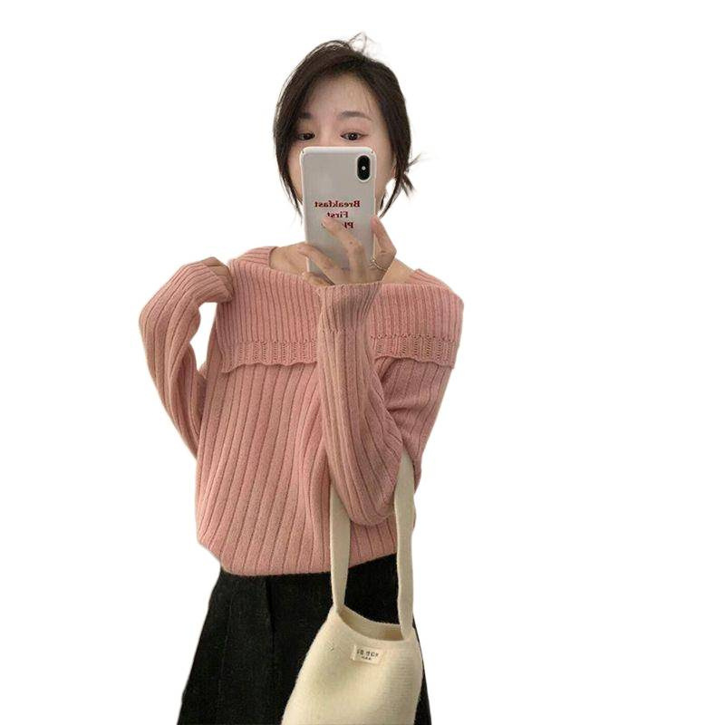 设计感斜肩花朵灰色毛衣针织衫女韩系氛围感穿搭露肩长袖上衣笙陇|undefined