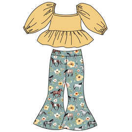 欧美童装外贸批发新款绿色花朵马农场女孩黄色喇叭裤套装