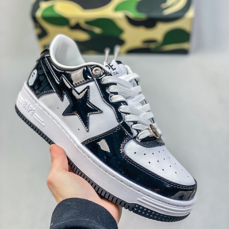 Original Bape Patent Leather Sneakers with Ape Head Design, Glossy Casual Shoes, Comfortable Street Style Af1 Sta Sneakers for Couples