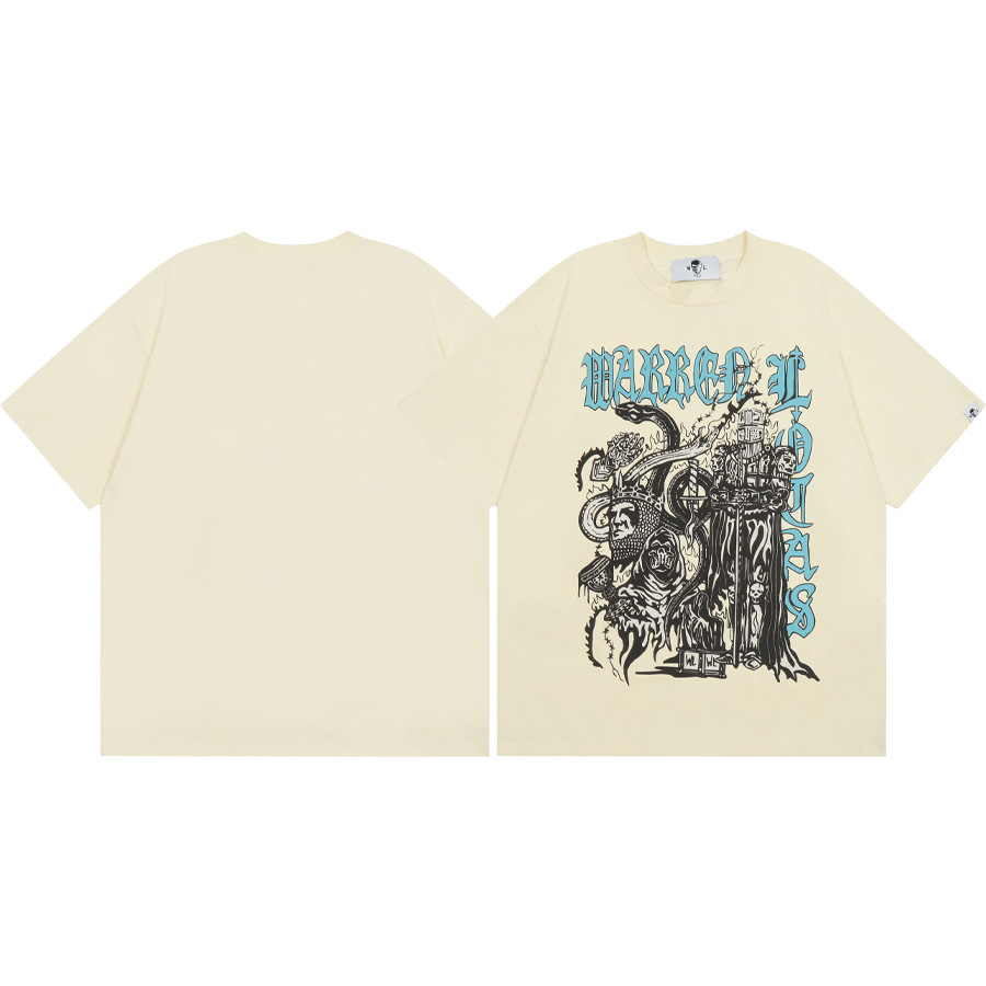 American WARREN LOTAS marca compartida con estampado de personaje de calavera masculina suelta cuello redondo camiseta de manga corta marca de moda