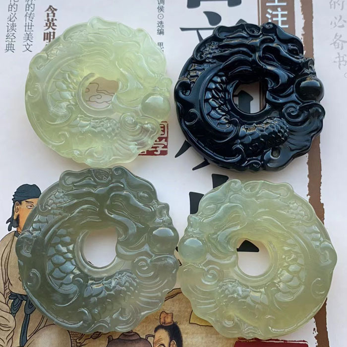 天然玉石车挂玉器雕刻龙鱼扣吊坠岫玉双面平安扣挂件玉佩腰佩