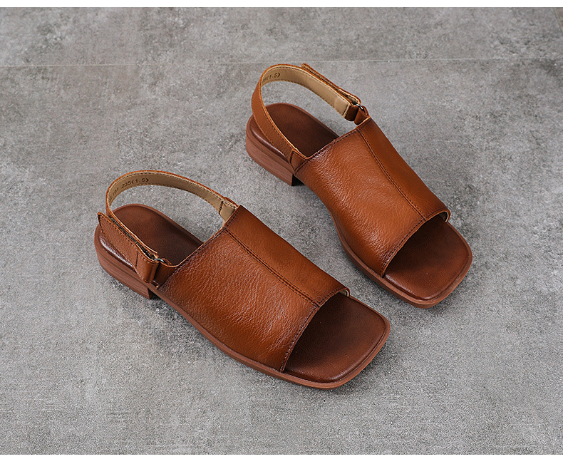 Sandal nữ da bò thật hở mũi phong cách cổ điển quai chữ V đế bệt mềm — màu nâu chi tiết 13