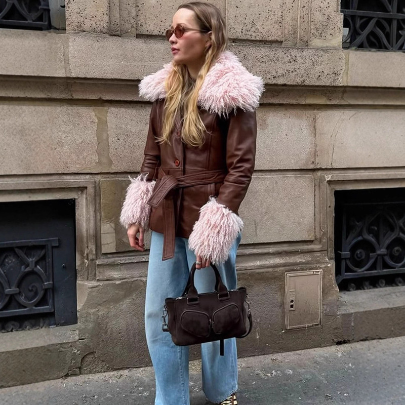 Personalized Fashionable Eye-Catching Warm Fur Splicing Short Leather Jacket for Women 2025 Autumn and Winter New Cross-Border European and American Style