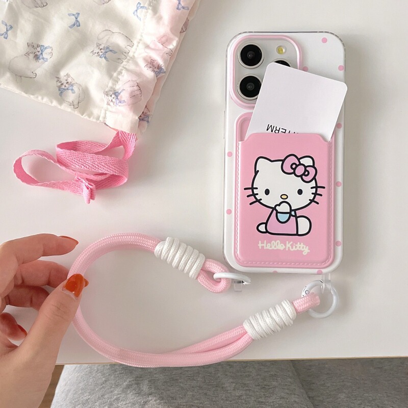 Girl style wave point pink cat phone case card case for iPhone16pro/15pm cute protective cover