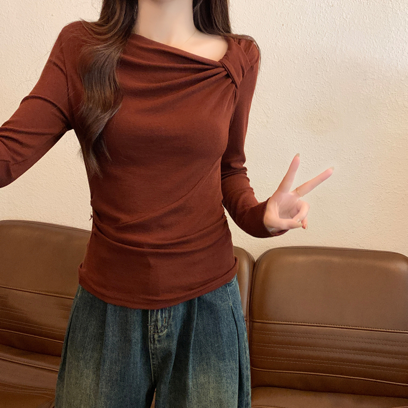 2025早秋季新款斜领上衣褶皱修身设计感长袖辣妹T恤女内搭打底衫|undefined