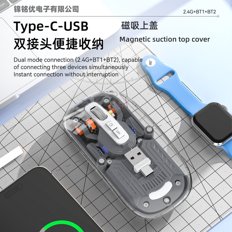 Factory in stock Type-C magnetic cover three-mode double connector receiver multi-color rechargeable gift wireless transparent mouse