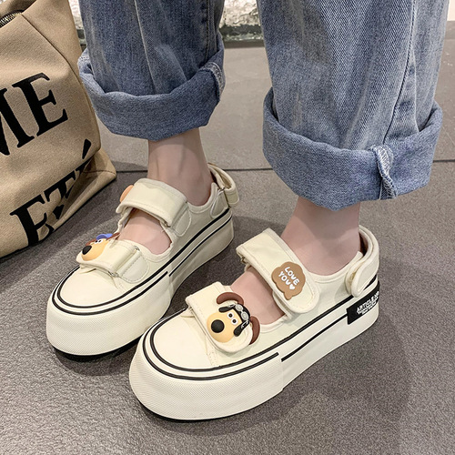 Hong Kong-style white sneakers for women, summer hollow-out breathable design,  new arrival—velcro-fastened canvas board shoes with chunky soles, perfect for students.