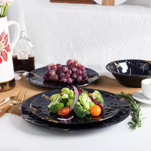 Creative Black Light Luxury Fruit Dessert Plate Set, Embossed Western-Style Steak Plate and Bowl, Melamine Tableware Set Creative Black Light Luxury Fruit Dessert Plate Set, Embossed Western-Style Steak Plate and Bowl, Melamine Tableware Set