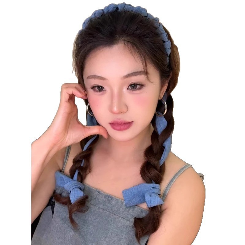 韓国風デニムブルーリボン歯コームヘッドバンド女性用夏用三つ編みヘアバンド女の子用頭頂部ヘアバンド|undefined