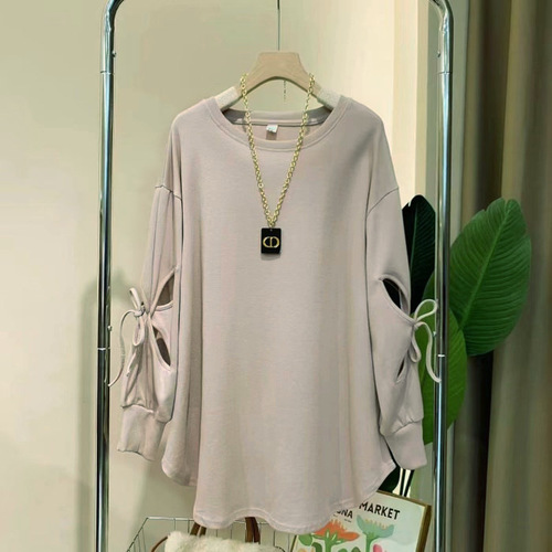 2025 Spring Thin-Powered Top Casual Trend Bowknot Belt Sleeve Women's Shirt Commute Sweatshirt