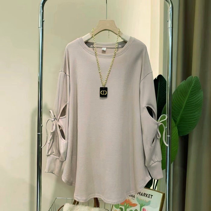 Lightning Warehouse Cross-Border Temu Xiyin Shein Amazon Bow Tie Cut Out Large Size Long-Sleeved Thin Long-Sleeved T-Shirt