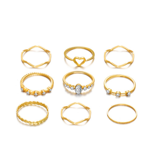 Cross-border best-selling simple new hollow love ring European and American style geometric wave-shaped 9-piece ring set