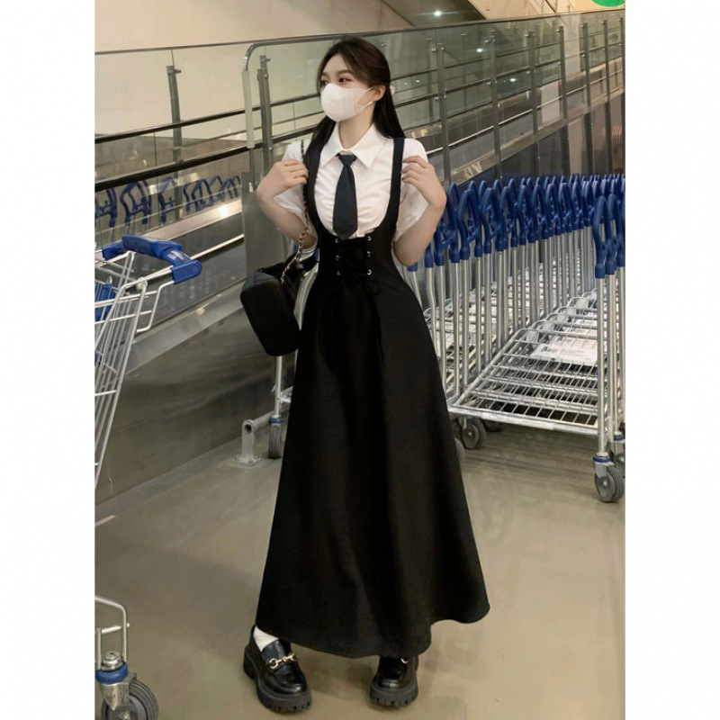 束腰绑带收腰显瘦背带裙套装大码女装高级感衬衫胖mm背带裙两件套|undefined