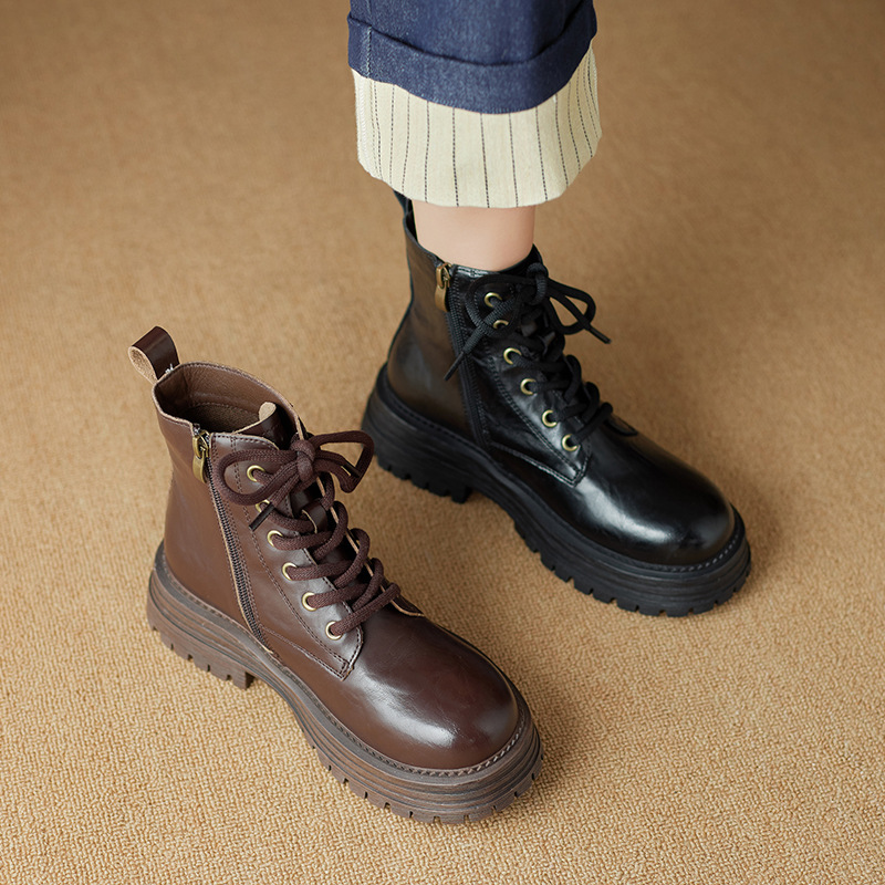 Niche Pleated Italian Hand-Scratch High-Grade Women's Ankle Boots Martin Boots British-Style Cowhide Side Zipper Retro Women's Boots