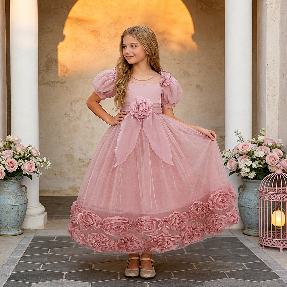 Europa y América transfronterizas flores vestido de fiesta de cumpleaños anfitrión vestido de princesa de niña niña ropa de piano de alta gama