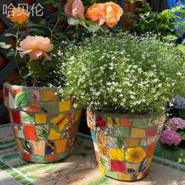 台花器露台装饰马赛克陶瓷手工工艺阳台窗美式花盆红陶盆庭院欧式