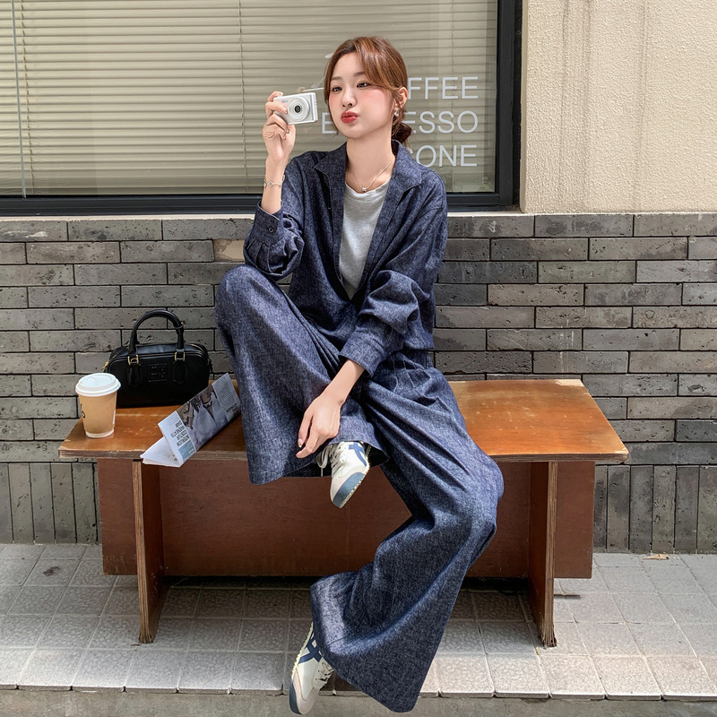 韩系慵懒松弛感假两件卫衣套装女2025秋新款宽松休闲阔腿裤两件套|undefined