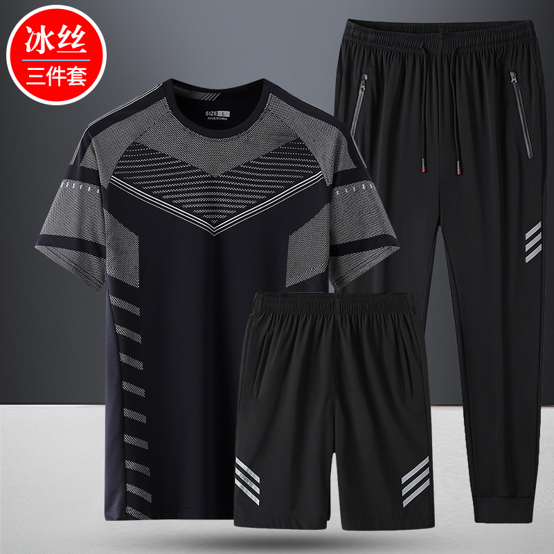 2021 New products man motion suit leisure time summer Borneol Three suit Youth fashion Short sleeved T-shirt suit